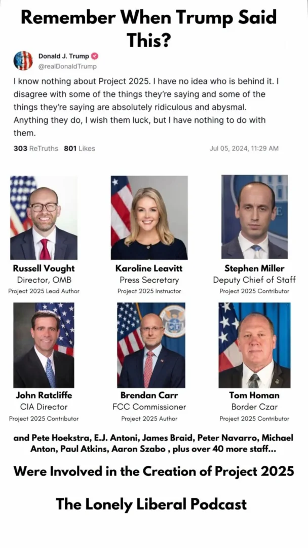 A graphic of people involved in Project 2025 working in the Trump administration despite Trump's denial of any involvement.